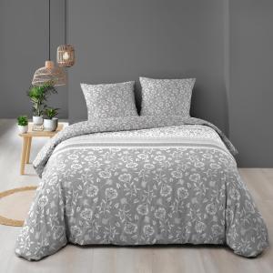 Parure de lit 3 pièces fleurs flavie coton gris 240x220 cm