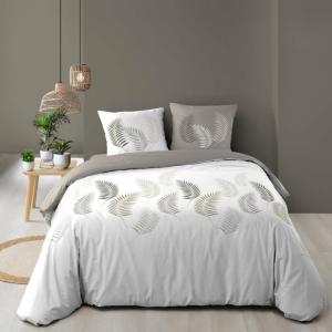 Parure de lit 3 pièces motif feuillages housse   taies coto…