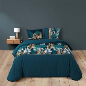 Parure de lit  alianor feuilles exotiques coton bleu 260 x