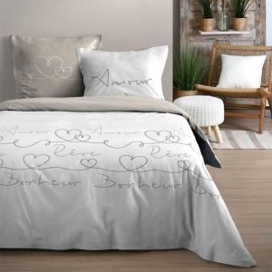Parure de lit Amourette blanche et beige 240 x 260 cm