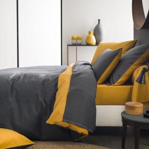 Parure de lit bicolore en bambou carbone et moutarde 140x200