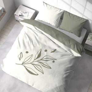 Parure de lit blanc et kaki 240 x 220 cm  coton
