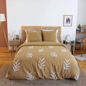Parure de lit coton lavé tuftée feuilles beige 240 x 260