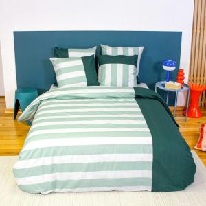 Parure de lit coton motifs rayures blanc et vert 240 x 220cm