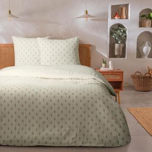 Parure de lit double à rayures fleurie effet lin 260x240cm