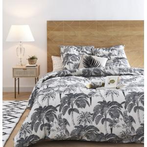 Parure de lit en coton bio beige imprimé palmiers gris anth…