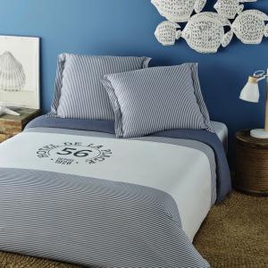Parure de lit en coton blanc motif à rayures bleues 220x240