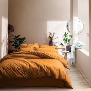 Parure de lit en coton lavé taies volant Caramel 240x220 2x…