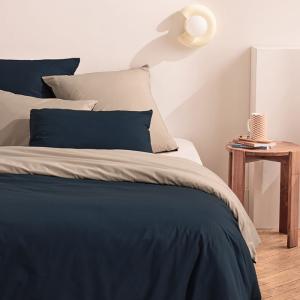 Parure de lit en percale de coton bio bleu et beige 260x240