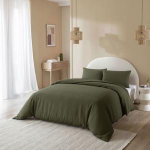 Parure de lit flanelle uni kaki 140x200