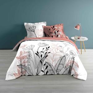 Parure de lit fleurs sur tiges coton rose clair 240x220 cm