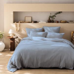 Parure de lit unie en coton Bleu horizon 240x220 2x50x70cm