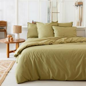 Parure de lit unie en percale de coton vert 240x220