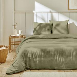 Parure housse de couette   2 taies gaze coton vert de gris…