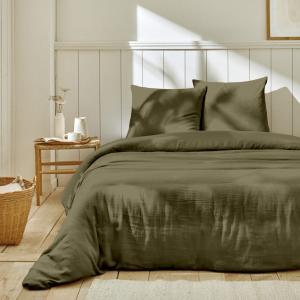 Parure housse de couette en gaze de  coton kaki 260x240 cm