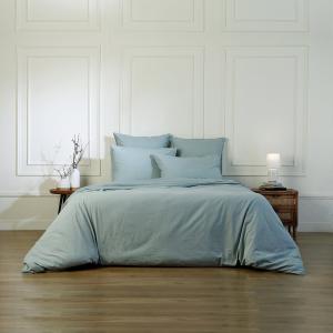 Parure   taie 80x80 coton lavé bleu ciel 135x200/80x80