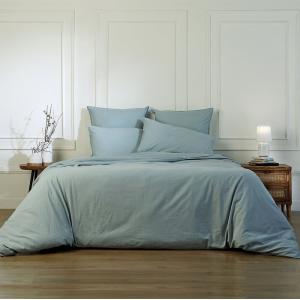 Parure   taie 80x80 coton lavé bleu ciel 155x220