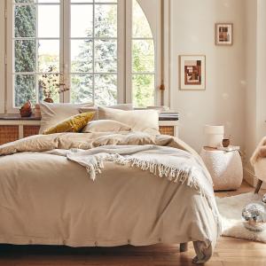 Parure unie en flanelle de coton beige sésame 140x200
