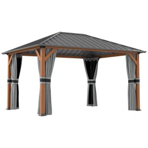 Pavillon de jardin alu aspect bois toit métal rideaux moust…