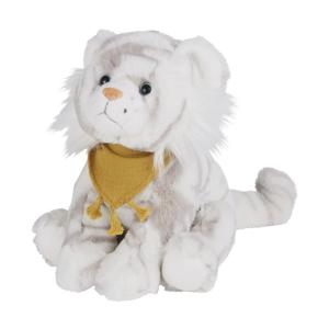 Peluche tigre gris clair, jaune moutarde et bleue