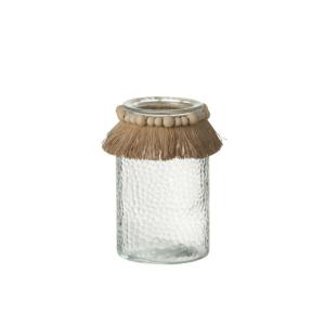 Photophore avec col raffia en verre transparent 12x12x18 cm