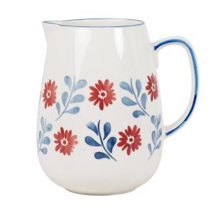 Pichet en céramique blanche motif floral bleu et rouge 2L