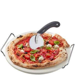 Pierre à pizza céramique 33cm avec cadre et coupe-pizza