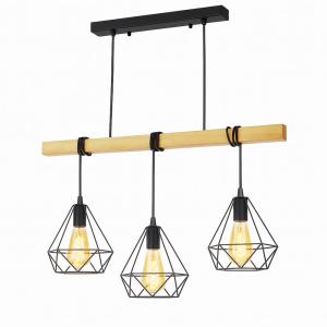 Plafonnier 3 lumières bois et cages métal, E27, noir rétro…