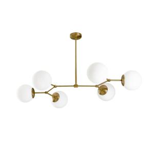 Plafonnier doré 6 lumières avec abat-jour en verre opale