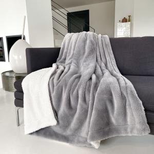Plaid doublé imitation ''Lapin'' Cocoon gris clair 130x170c…