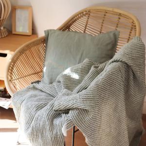 Plaid en coton et lin Kaki/Ecru 130x170cm