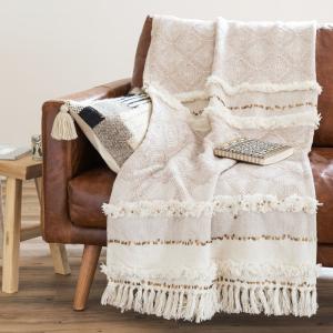Plaid en coton recyclé écru et beige 160x210