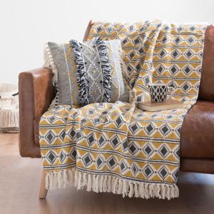 Plaid en coton recyclé motifs imprimés écrus, jaunes et gri…