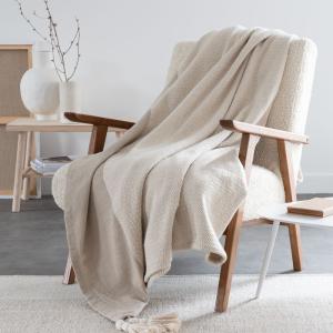 Plaid en coton tissé écru et beige avec pompons 220x240