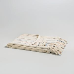 Plaid en coton tissé écru et lignes multicolores 130x170