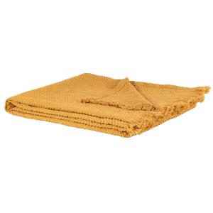 Plaid en coton tissé gaufré et franges jaune ocre uni  170x…