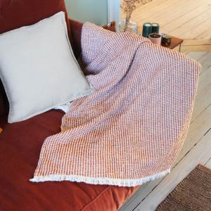 Plaid lin/coton avec franges 130x170cm Blanc, Terre Cuite