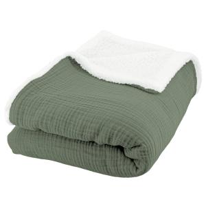 Plaid sherpa et gaze de coton 130 x 170 cm kaki