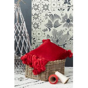 Plaid Tender pompons en polyester rubis 130 x 170 cm
