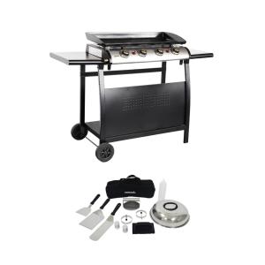 Plancha gaz 4 brûleurs 10kw avec desserte et ustensiles