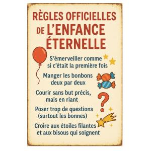 Plaque métal Règles officielles de lenfance éternelle 30,5…