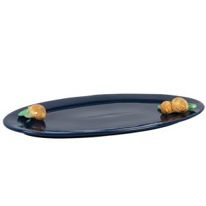 Plat en grès bleu et citrons jaunes en relief
