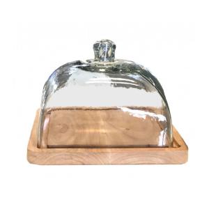 Plateau à fromage ou gâteau en bois et cloche en verre