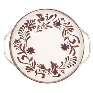 Plateau déco rond en métal beige motif floral bordeaux
