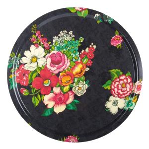 Plateau rond 46cm feuilles de bois motif fleuri noir