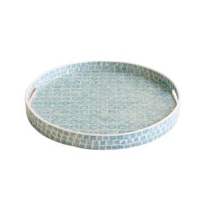 Plateau rond avec poignée en coquille de capiz bleu