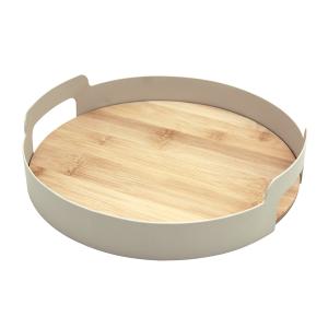 Plateau rond en bambou et métal 30 x 30 x 6,5 cm