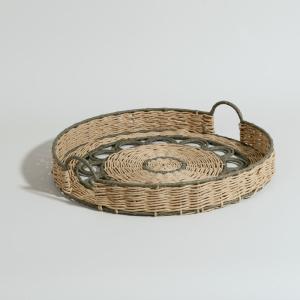 Plateau rond en papier et acier beige et kaki