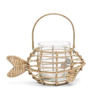 Porte-bougie poisson, rotin et verre