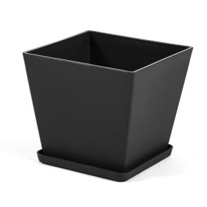 Pot carré 38x38 cm en polypropylène noir avec soucoupe